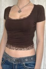 Square Neck Lace Trim High Waist Tee