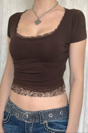 Square Neck Lace Trim High Waist Tee Square Neck Lace Trim High Waist Tee