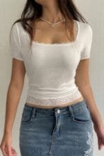 Square Neck Lace Trim High Waist Tee