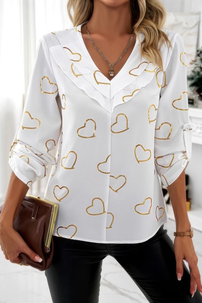 Color Black Heart Print V Neck Ruffle Loose Blouse - Image 1