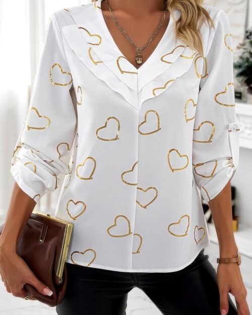 Color Black Heart Print V Neck Ruffle Loose Blouse