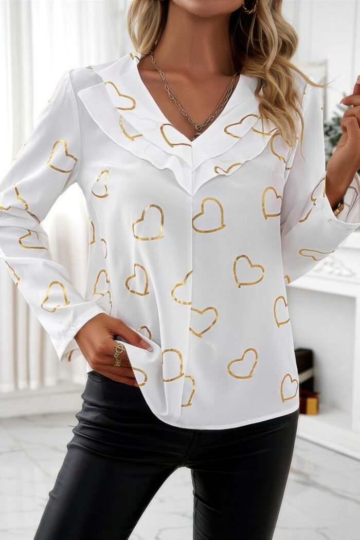 Color Black Heart Print V Neck Ruffle Loose Blouse - Image 2
