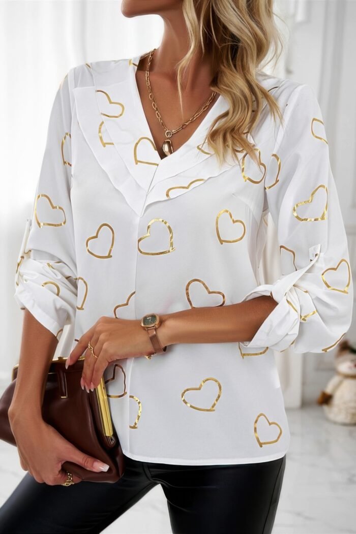 Color Black Heart Print V Neck Ruffle Loose Blouse - Image 3