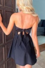 Off Shoulder Open Back Knot Pleated Mini Dress