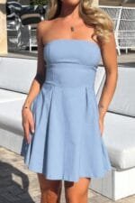 Off Shoulder Open Back Knot Pleated Mini Dress