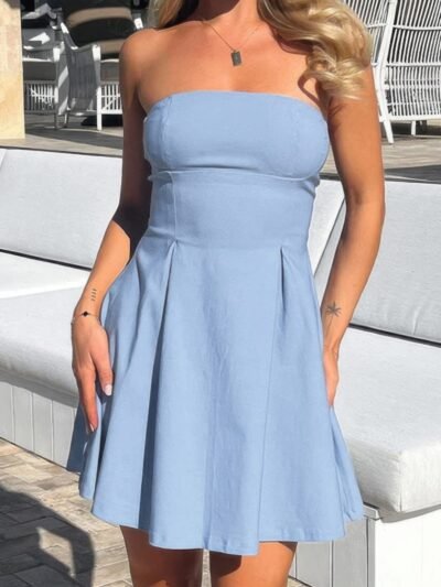 Off Shoulder Open Back Knot Pleated Mini Dress