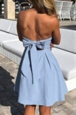 Off Shoulder Open Back Knot Pleated Mini Dress
