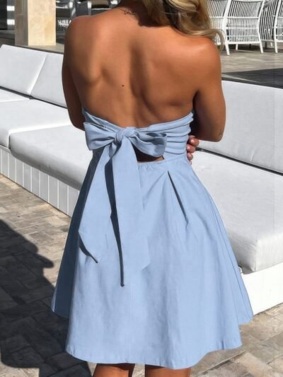 Off Shoulder Open Back Knot Pleated Mini Dress