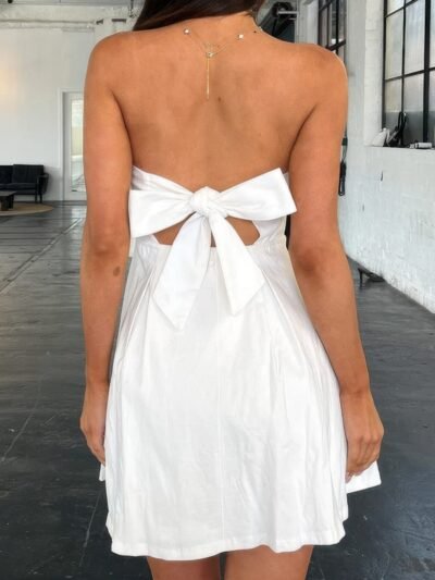 Off Shoulder Open Back Knot Pleated Mini Dress