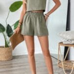 Two Pieces Solid Square Neck Elastic Waist Sets