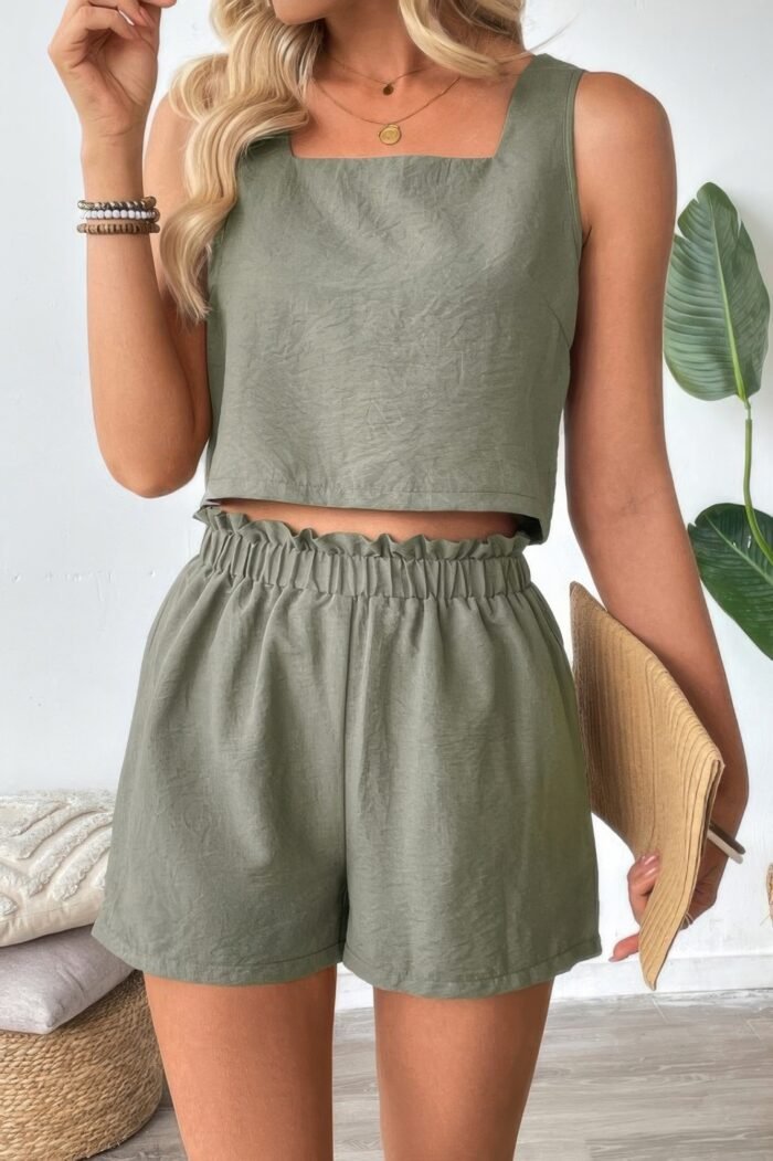 Two Pieces Solid Square Neck Elastic Waist Sets - Image 2