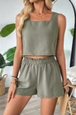 Two Pieces Solid Square Neck Elastic Waist Sets - Image 3