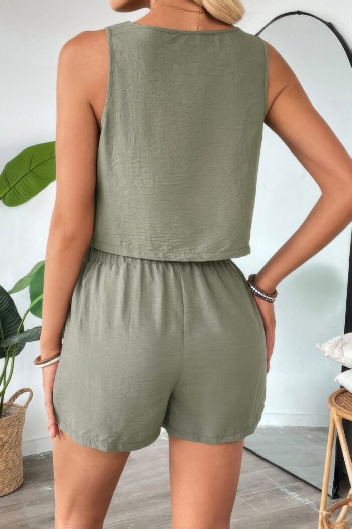 Two Pieces Solid Square Neck Elastic Waist Sets - Image 5