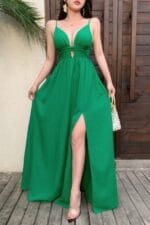 A Line Deep V Neck High Waist Split Hem Dress