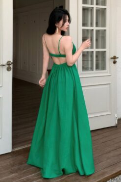 A Line Deep V Neck High Waist Split Hem Dress