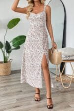 Straps Floral Print Split Hem Fit Long Dress