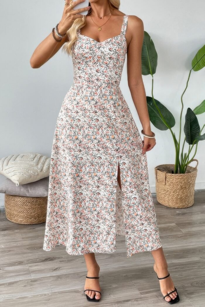 Straps Floral Print Split Hem Fit Long Dress - Image 3