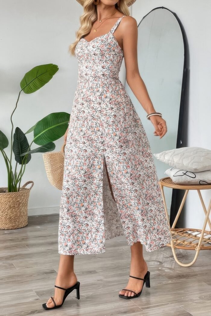 Straps Floral Print Split Hem Fit Long Dress - Image 4