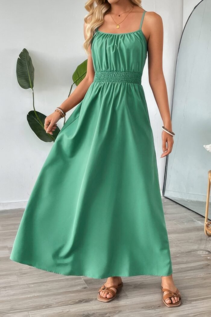 Solid Sleeveless Ruched Elactic Waist A Line Dress - Image 1