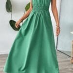 Solid Sleeveless Ruched Elactic Waist A Line Dress