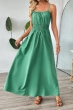 Solid Sleeveless Ruched Elactic Waist A Line Dress