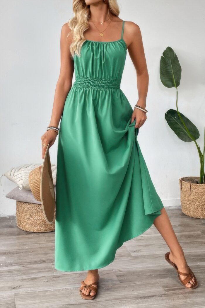 Solid Sleeveless Ruched Elactic Waist A Line Dress - Image 2