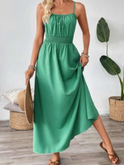 Solid Sleeveless Ruched Elactic Waist A Line Dress