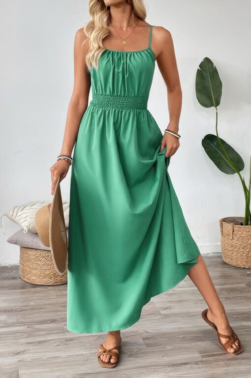Solid Sleeveless Ruched Elactic Waist A Line Dress - Image 2