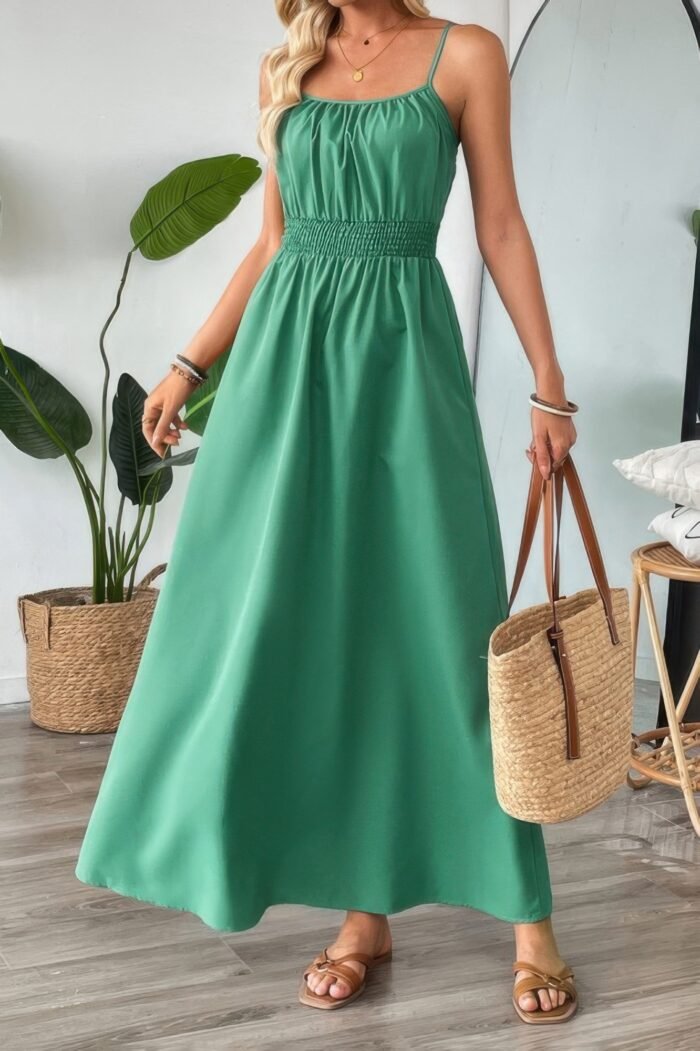 Solid Sleeveless Ruched Elactic Waist A Line Dress - Image 3