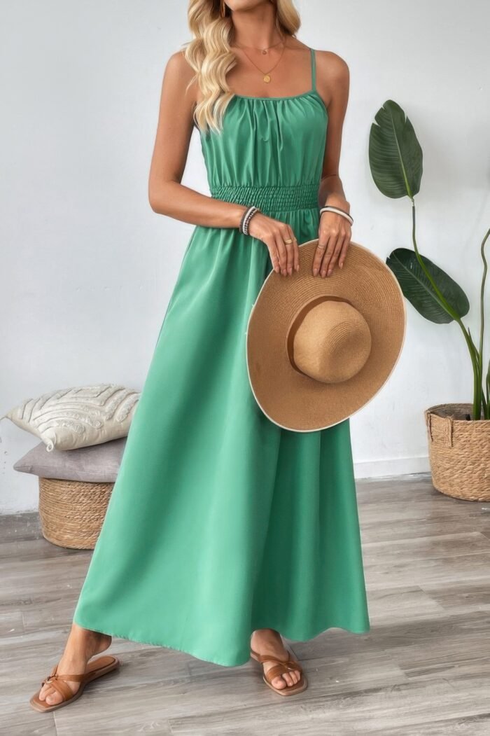 Solid Sleeveless Ruched Elactic Waist A Line Dress - Image 4
