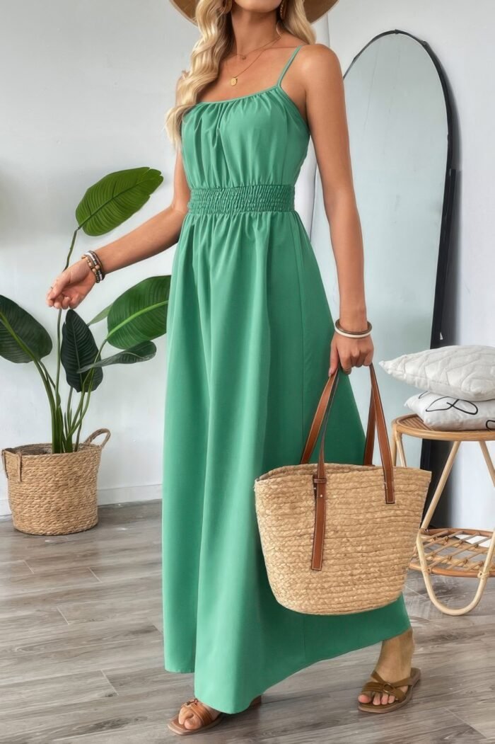 Solid Sleeveless Ruched Elactic Waist A Line Dress - Image 5