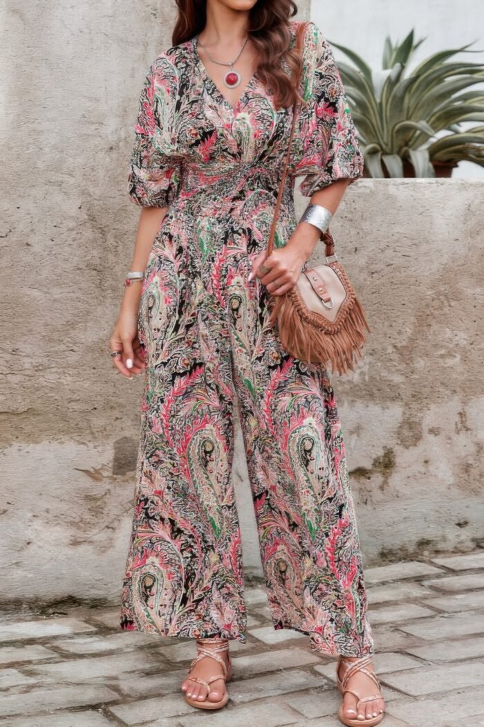 Boho Print Short Sleeve Shirred Waist Fit Jumpsuit - Image 1