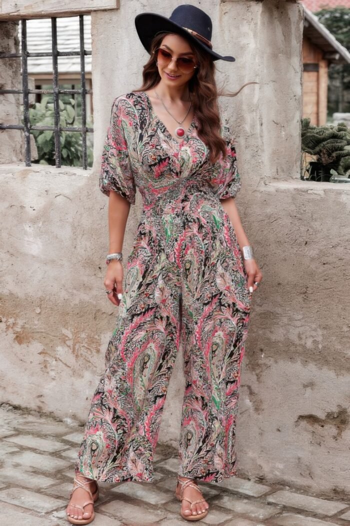Boho Print Short Sleeve Shirred Waist Fit Jumpsuit - Image 3