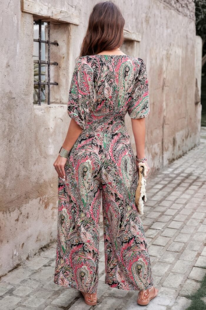 Boho Print Short Sleeve Shirred Waist Fit Jumpsuit - Image 4