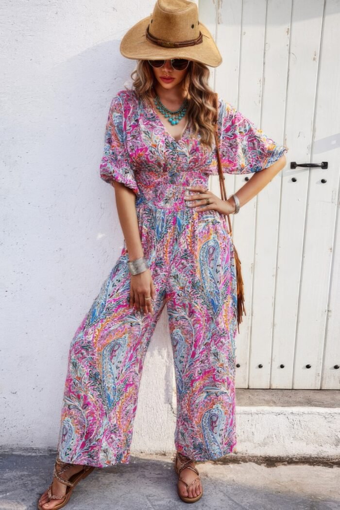 Boho Print Short Sleeve Shirred Waist Fit Jumpsuit - Image 6