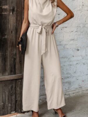 Solid Sleeveless Cut Out Back Belted Jumpsuit
