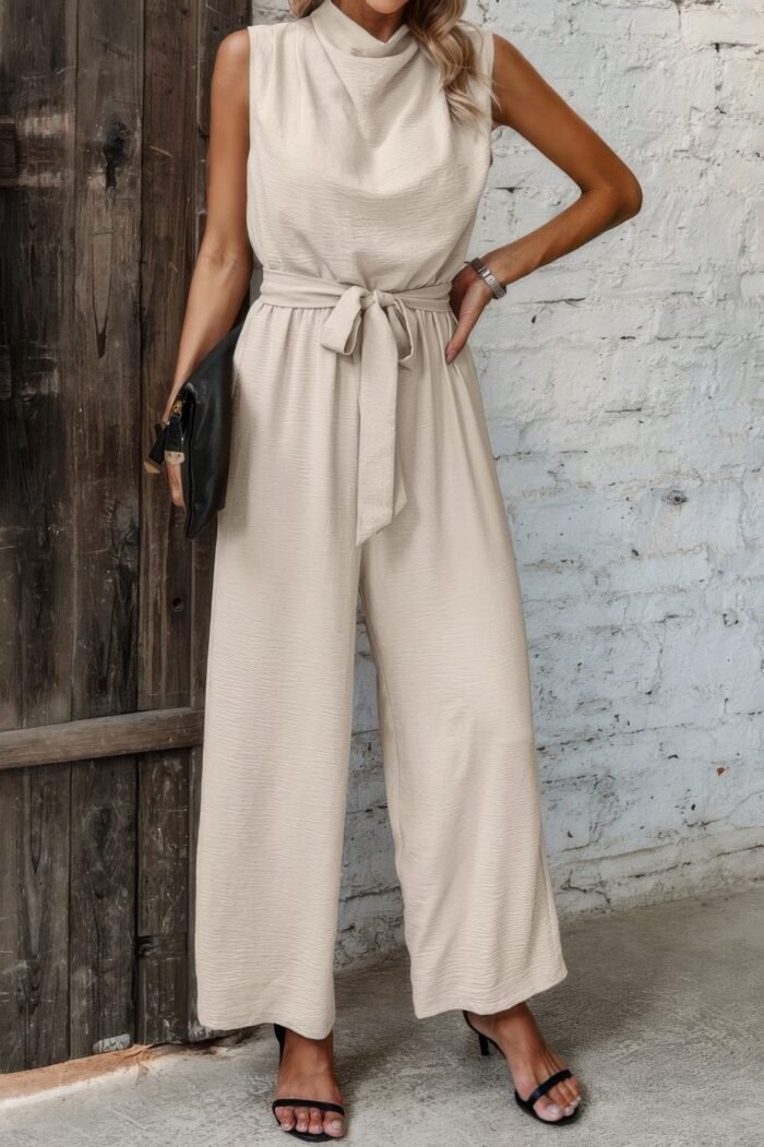 Solid Sleeveless Cut Out Back Belted Jumpsuit - Image 1