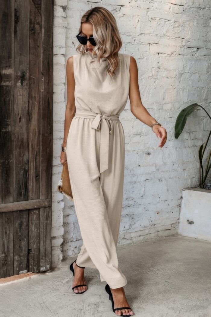 Solid Sleeveless Cut Out Back Belted Jumpsuit - Image 3