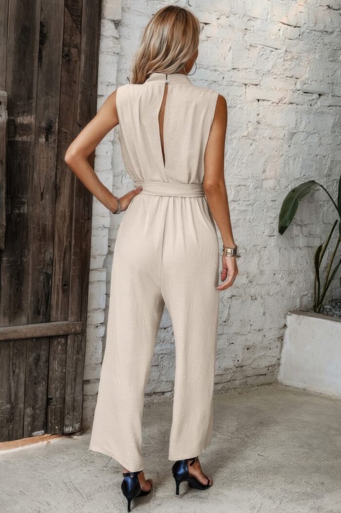 Solid Sleeveless Cut Out Back Belted Jumpsuit - Image 4