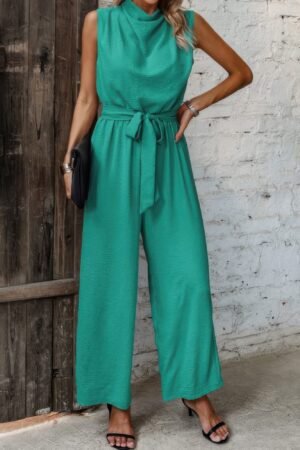 Solid Sleeveless Cut Out Back Belted Jumpsuit