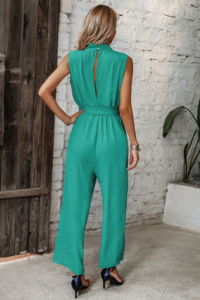 Solid Sleeveless Cut Out Back Belted Jumpsuit - Image 8