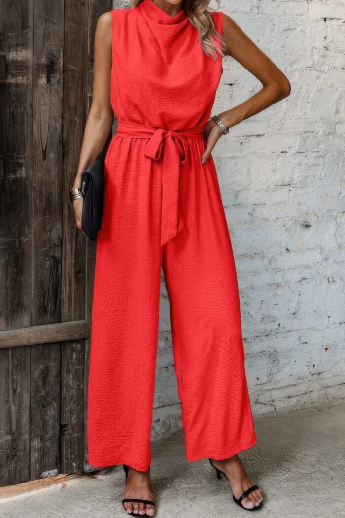 Solid Sleeveless Cut Out Back Belted Jumpsuit - Image 9