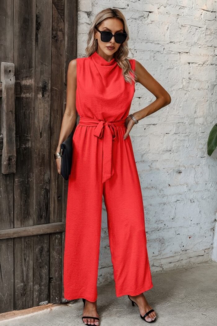 Solid Sleeveless Cut Out Back Belted Jumpsuit - Image 10