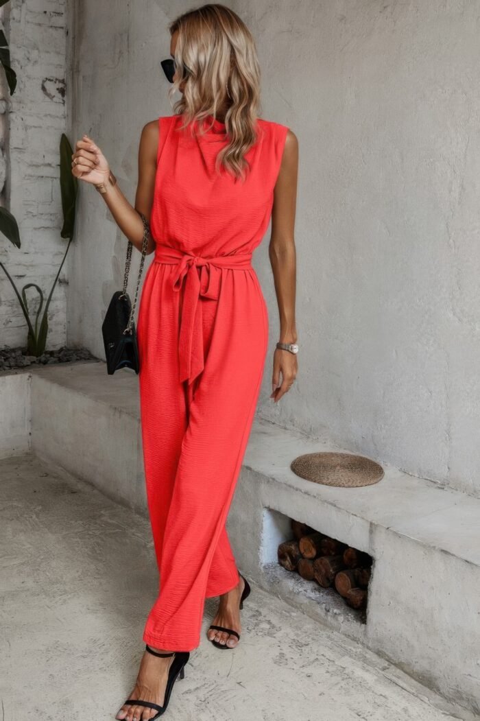 Solid Sleeveless Cut Out Back Belted Jumpsuit - Image 11