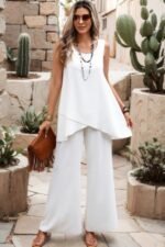 Two Pieces Round Neck Asymmetric Hem Wide Leg Sets - Image 4