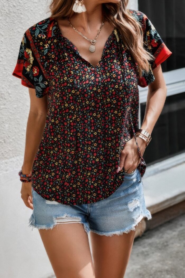 Floral Boho Ruffle V Neck Short Sleeve Loose Shirt - Image 1