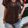 Floral Boho Ruffle V Neck Short Sleeve Loose Shirt