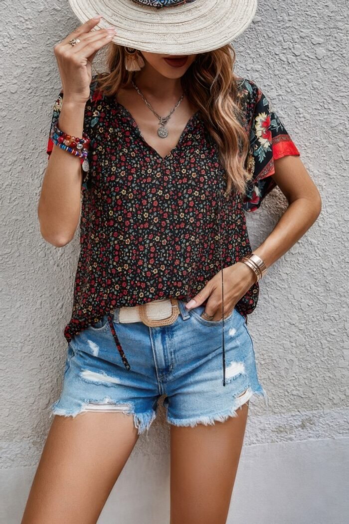 Floral Boho Ruffle V Neck Short Sleeve Loose Shirt - Image 2