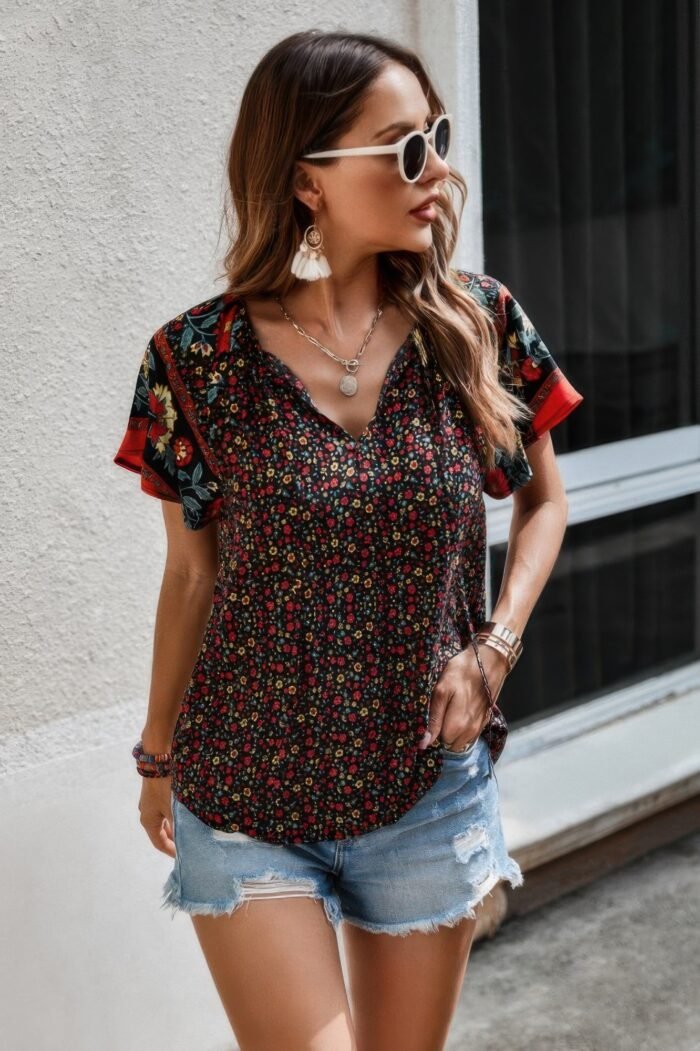 Floral Boho Ruffle V Neck Short Sleeve Loose Shirt - Image 3
