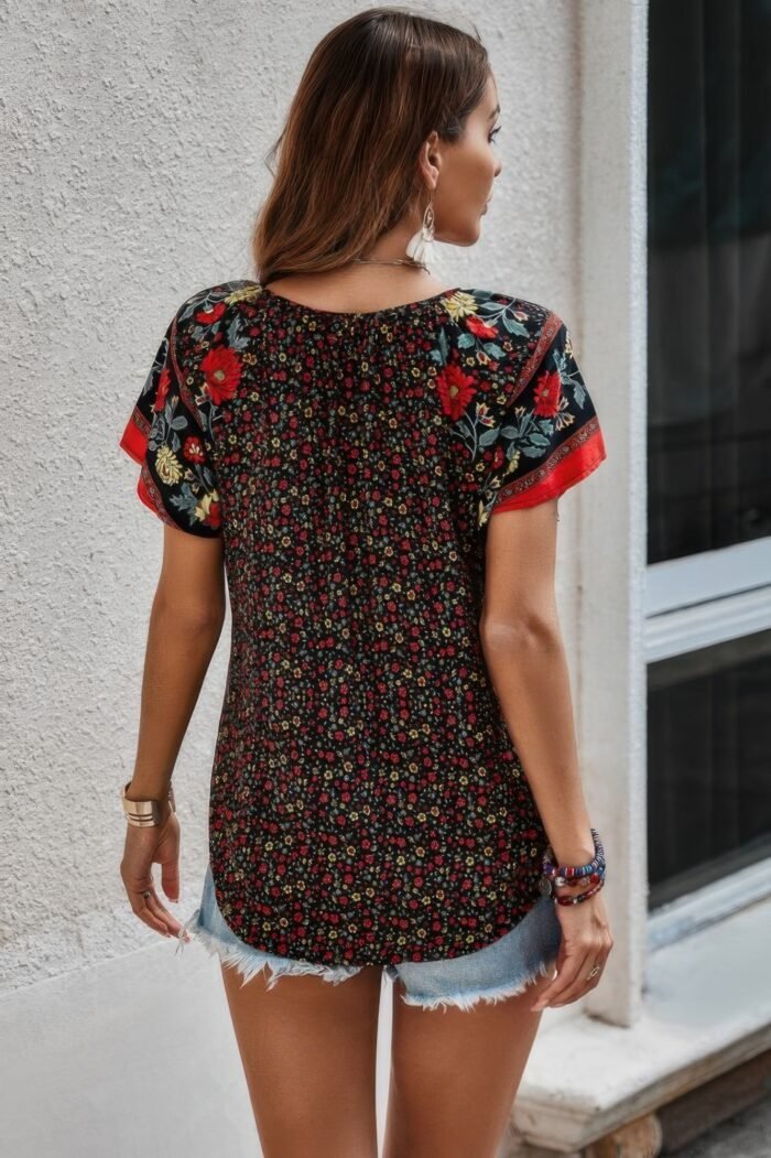 Floral Boho Ruffle V Neck Short Sleeve Loose Shirt - Image 4